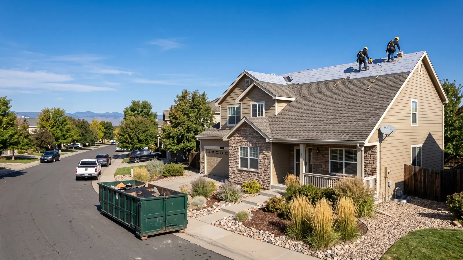 Two-storey suburban house mid roof replacement, two roofers at the ridge laying new architectural shingles, a dumpster at the curb and foothills in the distance