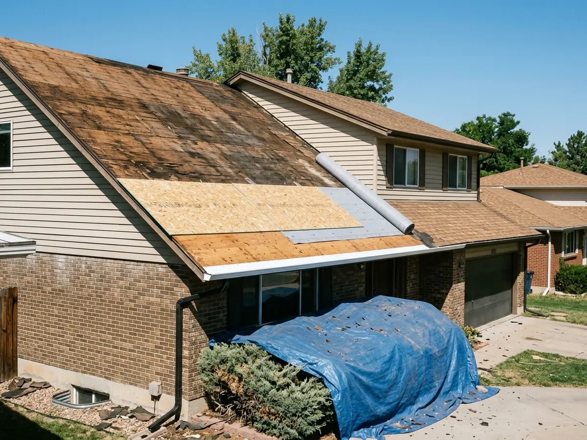 Two-storey brick and siding house partway through a re-roof, with old shingles stripped, new plywood decking and gray underlayment going down, and a blue tarp over the shrubs