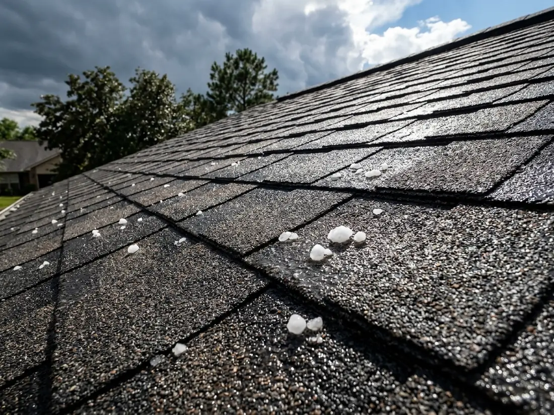 Close-up of dark architectural asphalt shingles with small hailstones resting on them under a clearing storm sky