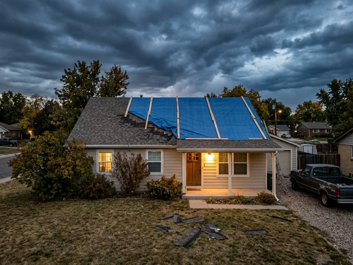 Blue tarps held down by wood battens over a damaged ranch house roof, torn shingles on the lawn and dark storm clouds overhead