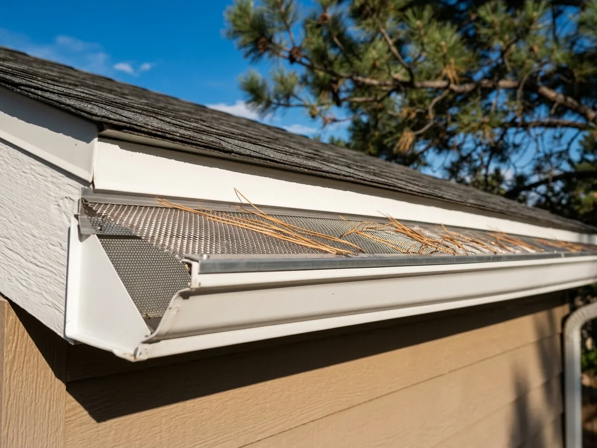 Pine needles resting on a stainless micro-mesh gutter guard fitted to a white aluminum gutter below dark shingles