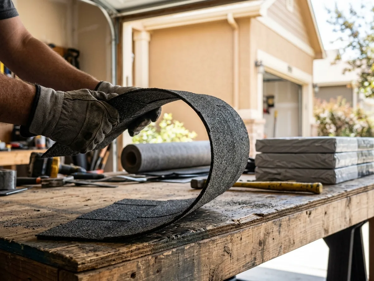 Gloved hands bending a dark gray rubberized asphalt shingle into a deep curve over the edge of a workbench, the shingle flexing without cracking