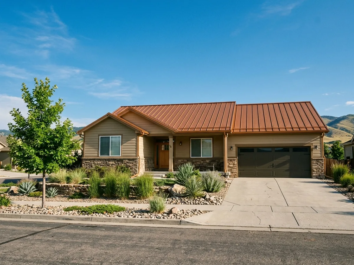 Single-storey ranch house with a bronze standing seam steel roof, vertical ribs running eave to ridge