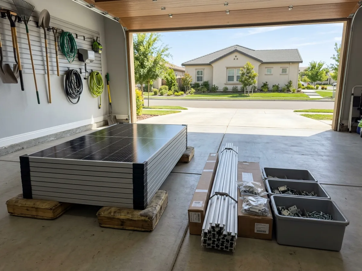 Solar panels removed from a roof and stacked on padded blocks on a garage floor, with rails and mounting hardware in labeled bins beside them