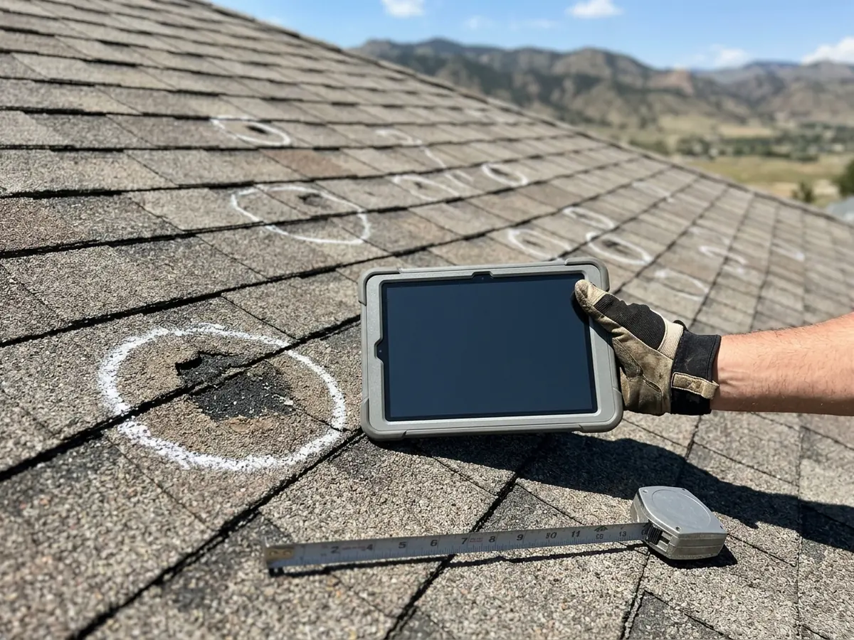 Gloved hand holding a blank tablet beside chalk-circled hail hits on asphalt shingles, with a tape measure on the roof