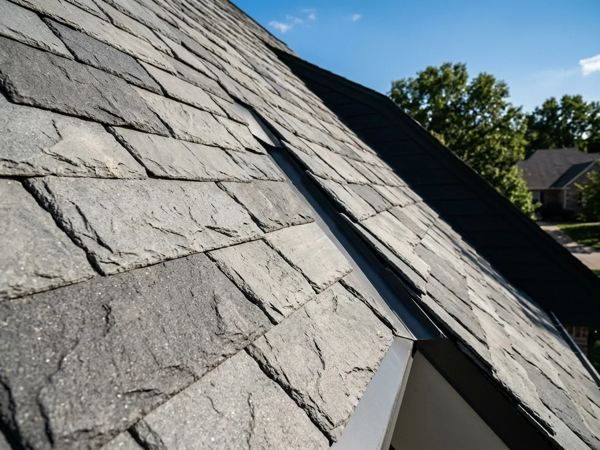 Gray and charcoal composite slate tiles of varied widths laid in staggered courses on a steep suburban roof, with a crisp metal valley